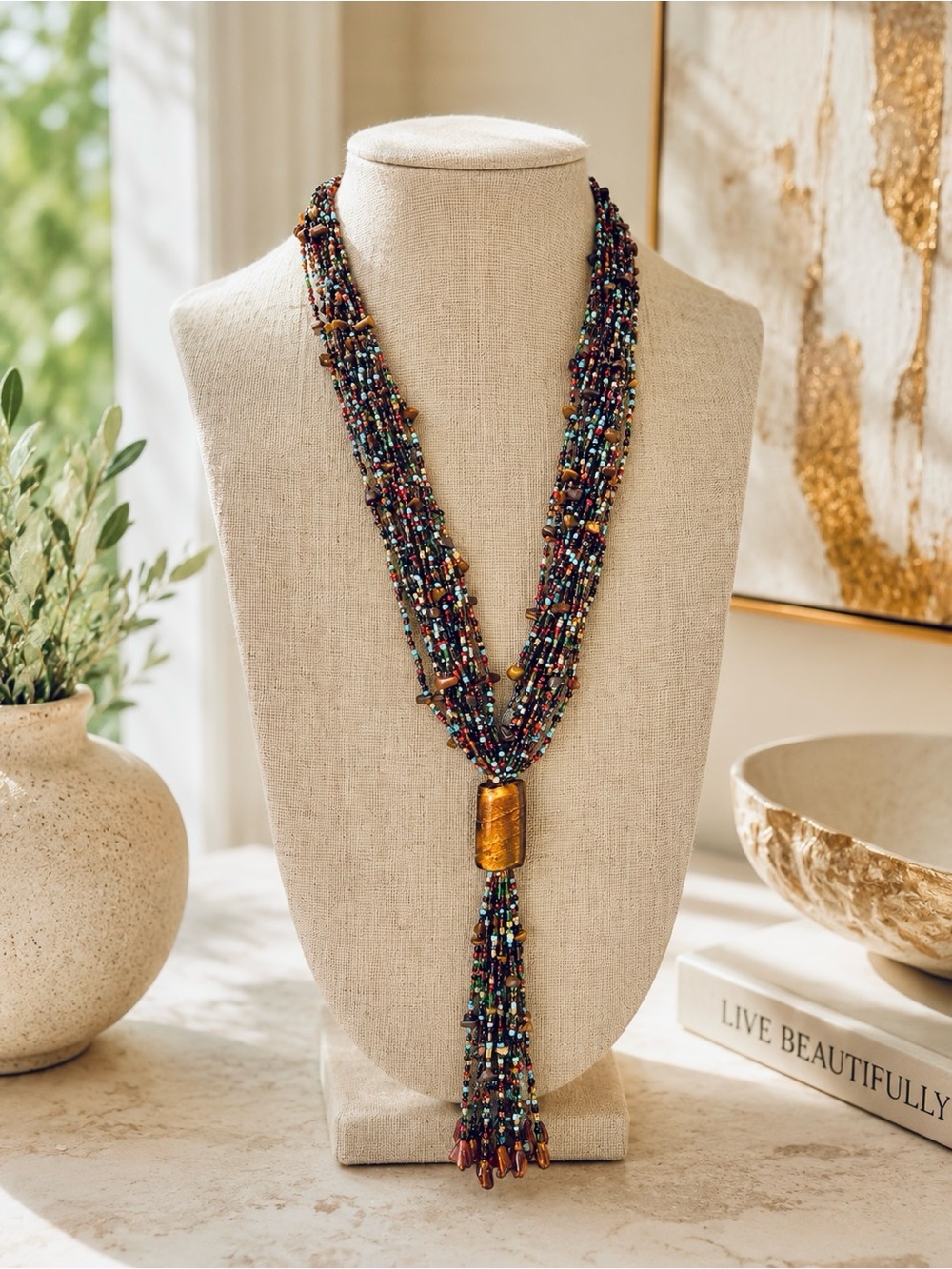 Multi-Colored Seed Bead Tassel Necklace with Amber Color Accent